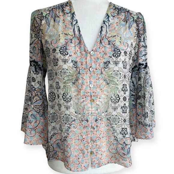 Hale Bob 100% Silk Bell Sleeve Button Blouse - XS - Picture 1 of 11